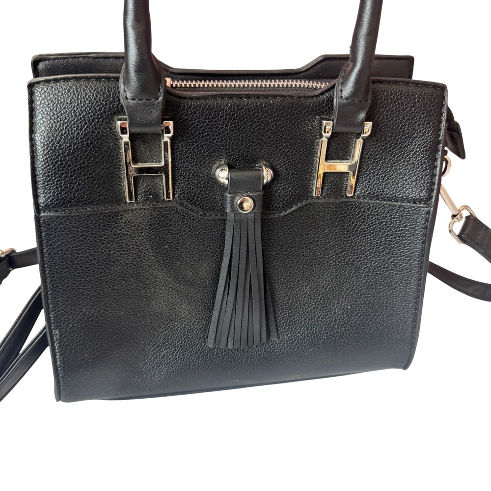 Tassel Accent Pebbled Satchel Crossbody Bag Black Small Silver Hardware